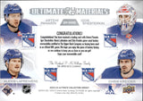 2023-24 Artemi Panarin Igor Shesterkin Alexis Lafreniere Chris Kreider Upper Deck Ultimate QUAD MATERIALS 31/65 GAME-USED JERSEYS #QM-RANG New York Rangers