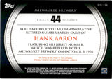 2012 Hank Aaron Topps SERIES TWO COMMEMORATIVE RETIRED NUMBER PATCH #RN-HA Milwaukee Brewers