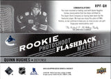2019-20 Quinn Hughes Upper Deck Series 2 ROOKIE PHOTOSHOOT FLASHBACK MATERIALS JERSEY #RPF-QH Vancouver Canucks