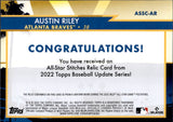 2022 Austin Riley Topps UPDATE ALL-STAR STITCHES EVENT-WORN MEMORABILIA JERSEY #ASSC-AR Atlanta Braves