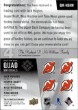 2024-25 Jack Hughes Jesper Bratt Nico Hischier Timo Meier Upper Deck Ultimate Collection ULTIMATE QUAD MATERIAL 3O/149 JERSEY #QM-HBHM New Jersey Devils