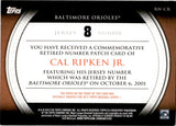 2012 Cal Ripken Jr. Topps SERIES ONE COMMEMORATIVE RETIRED NUMBER PATCH #RN-CR Baltimore Orioles