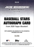 2026 Jacob Misiorowski Topps BASEBALL STARS AUTOGRAPH ROOKIE GREEN 55/99 AUTO RC #BSA-JMI Milwaukee Brewers