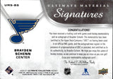 2020-21 Brayden Schenn Upper Deck Ultimate Collection ULTIMATE MATERIAL SIGNATURES AUTOGRAPH 95/99 AUTO JERSEY #UMS-BS St. Louis Blues
