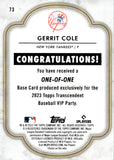 2023 Gerrit Cole Topps Transcendent VIP PARTY ONE-OF-ONE 1/1 #73 New York Yankees