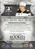 2024-25 Olen Zellweger Upper Deck Artifacts ROOKIES PURPLE MATERIALS 21/49 RC JERSEY PATCH #180 Anaheim Ducks