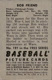 1952 Bob Friend Bowman #191 Pittsburgh Pirates BV$25