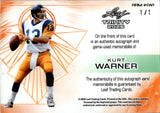 2025 Kurt Warner Leaf Trinity RETRO GREEN SHIMMER GAME-USED PATCH AUTOGRAPH 1/1 ONE OF ONE AUTO #ARM-KW1 St. Louis Rams
