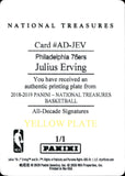 2018-19 Julius Erving Panini National Treasures ALL-DECADE SIGNATURES YELLOW PRINTING PLATE 1/1 ONE OF ONE #AD-JEV Philadelphia 76ers
