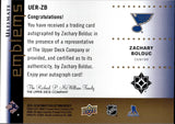 2024-25 Zachary Bolduc Upper Deck Ultimate Collection ULTIMATE EMBLEMS AUTOGRAPH ROOKIE 4/99 AUTO RC #UER-ZB St. Louis Blues