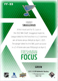 2025-26 Jimmy Snuggerud Upper Deck SP Authentic FRESHMAN FOCUS GREEN ROOKIE RC #FF-33 St. Louis Blues