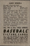 1952 Luke Sewell Bowman #94 Cincinnati Reds BV$25