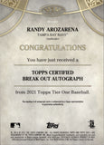 2021 Randy Arozarena Topps Tier One BRK OUT AUTOGRAPH 198/275 AUTO #BOA-RA Tampa Bay Rays