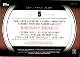 2012 Johnny Bench Topps SERIES ONE COMMEMORATIVE RETIRED NUMBER PATCH #RN-JB Cincinnati Reds
