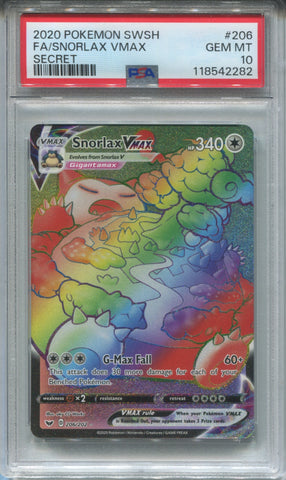 2020 Pokemon Sword and Shield FA/Snorlax VMAX SECRET PSA 10 #206 2282