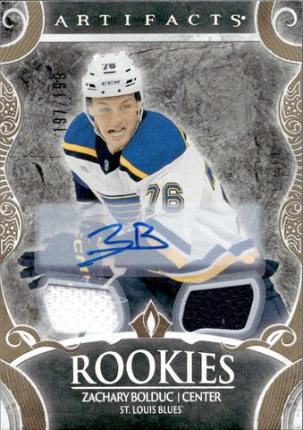2024-25 Zachary Bolduc Upper Deck Artifacts GOLD AUTO MATERIALS ROOKIE DUAL JERSEY AUTOGRAPH RC 197/199 #182 St. Louis Blues