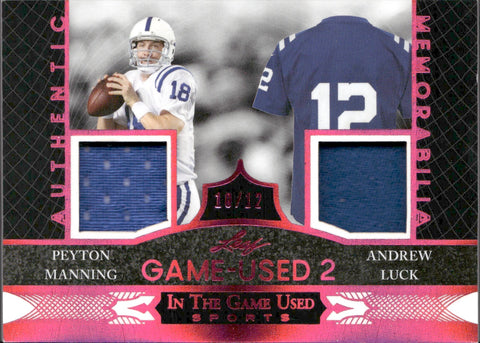 2024 Peyton Manning Andrew Luck Leaf In the Game Used GAME-USED 2 MEMORABILIA JERSEY PINK 10/12 #IG2-22 Indianapolis Colts