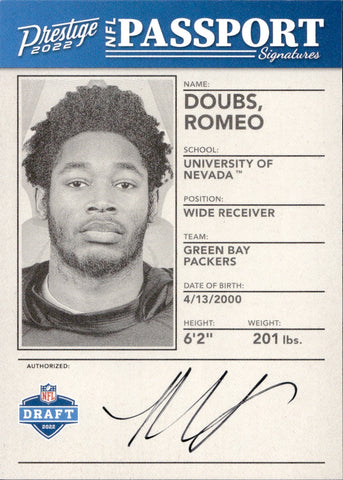 2022 Romeo Doubs Panini Prestige NFL PASSPORT SIGNATURES ROOKIE AUTOGRAPH RC AUTO #NPS-RD Green Bay Packers