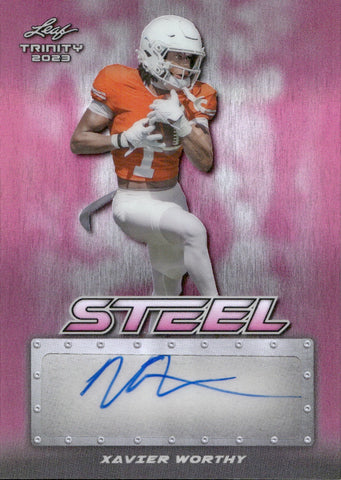 2023 Xavier Worthy Leaf Trinity STEEL PINK AUTOGRAPH ROOKIE AUTO RC 2/25 #SA-XW2 Texas Longhorns Kansas City Chiefs