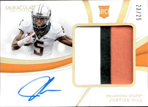 2019 Justice Hill Panini Immaculate Collection Collegiate AUTOGRAPH PATCH ROOKIE AUTO RC 23/25 #112 Oklahoma State Cowboys Baltimore Ravens