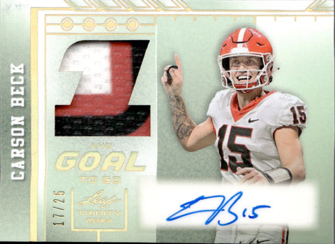 2024 Carson Beck Leaf Trinity 1ST AND GOAL TO GO AUTOGRAPH ROOKIE GOLD PATCH AUTO RC 17/25 #1GG-CB1 Georgia Bulldogs Miami Hurricanes