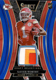 2024 Xavier Worthy Panini Select DRAFT SELECTIONS MATERIALS BLUE & RED PRIZM PATCH ROOKIE 15/35 RC #DSM-XWY Kansas City Chiefs