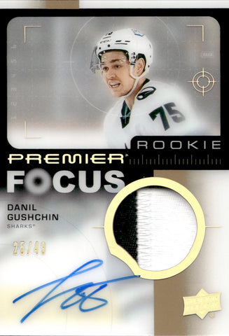 2023-24 Danil Gushchin Upper Deck Premier FOCUS ROOKIE PATCH AUTO 25/49 AUTOGRAPH RELIC RC #PFR-DG San Jose Sharks