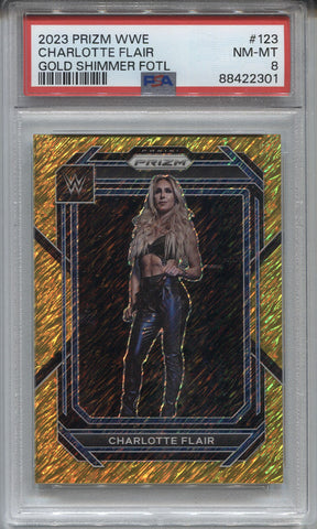 2023 Charlotte Flair Panini Prizm WWE FOTL GOLD SHIMMER 4/5 PSA 8 #123 Friday Night Smackdown 2301