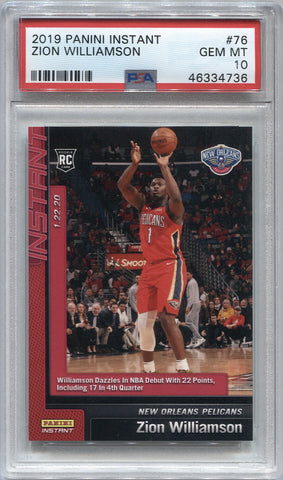 2019-20 Zion Williamson Panini Instant ROOKIE RC PSA 10 #76 New Orleans Pelicans 4736