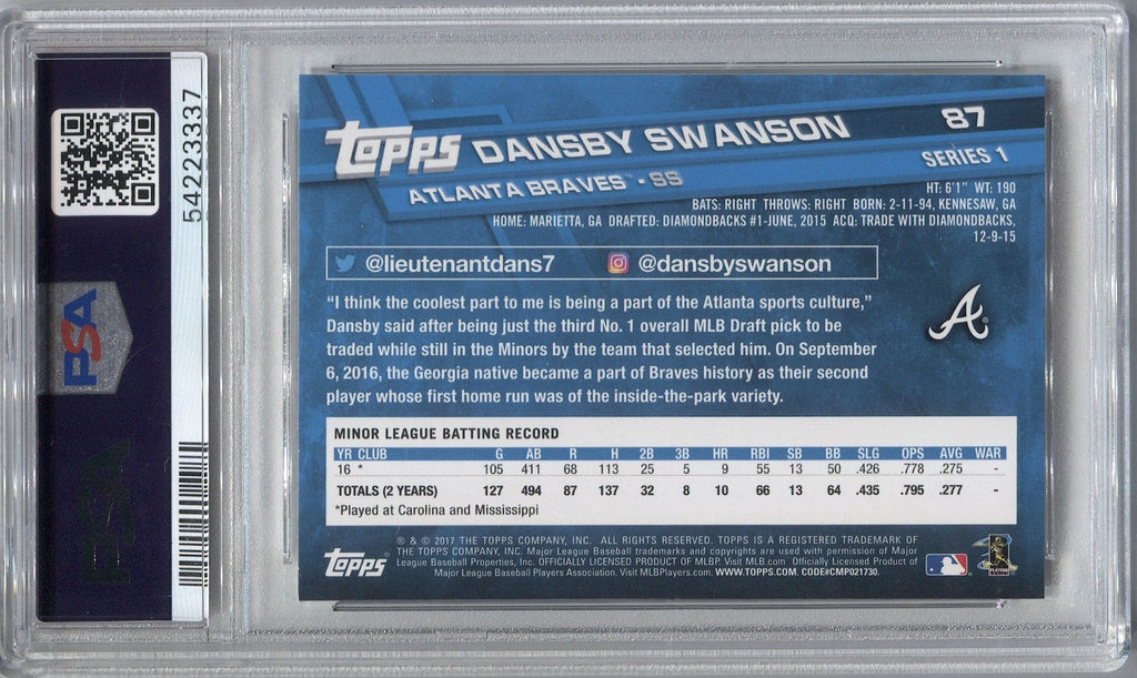 2017 TOPPS #87 DANSBY SWANSON RC BRAVES WHITE JERSEY PSA 10