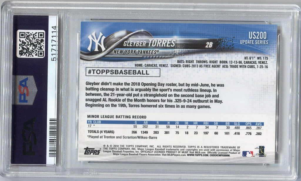 2018 Gleyber Torres Topps Update PINSTRIPE JERSEY ROOKIE RC PSA 10 #US