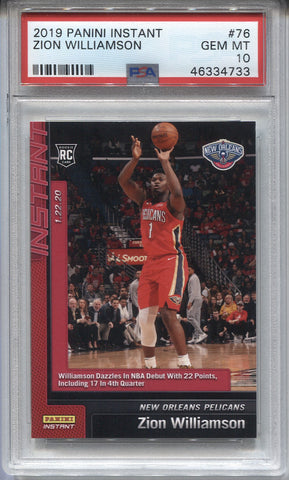 2019-20 Zion Williamson Panini Instant ROOKIE RC PSA 10 #76 New Orleans Pelicans 4733