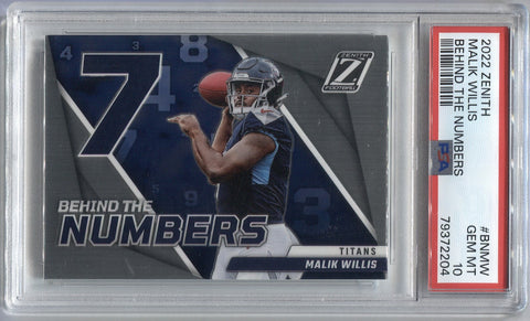2022 Malik Willis Panini Zenith BEHIND THE NUMBERS ROOKIE RC PSA 10 #BNMW Tennessee Titans 2204
