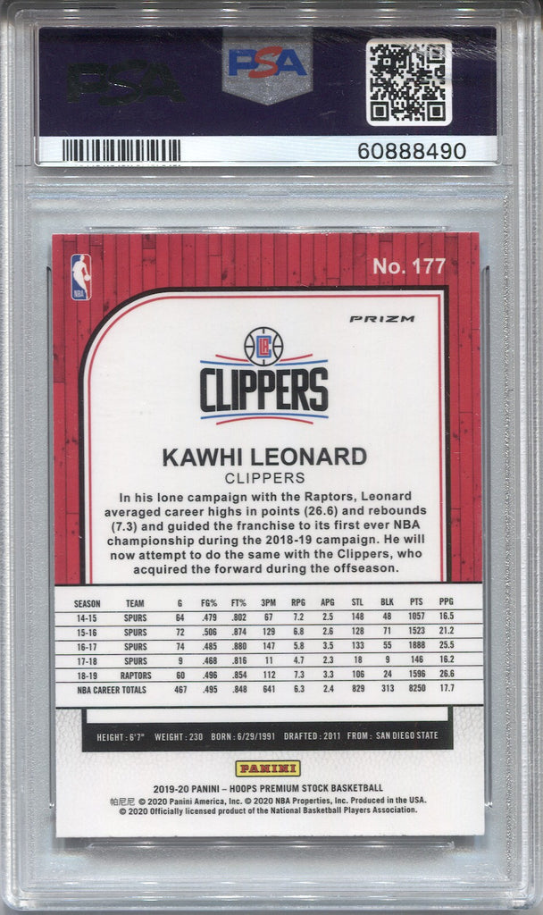 2019-20 Kawhi Leonard Panini NBA Hoops Premium Stock PURPLE DISCO PSA