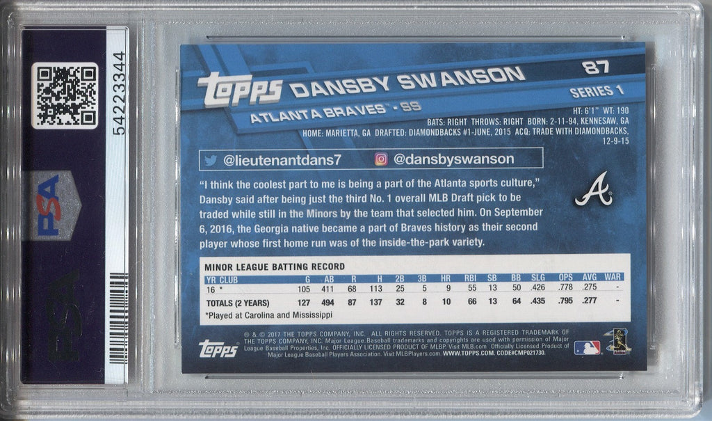 2017 TOPPS #87 DANSBY SWANSON RC BRAVES WHITE JERSEY PSA 10