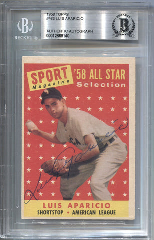 1958 Luis Aparicio Topps ALL STAR SELECTION BAS AUTHENTIC AUTO AUTOGRAPH #483 Chicago White Sox HOF 8140