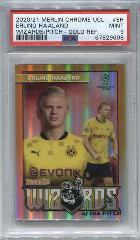 2020-21 Erling Haaland Topps Chrome Merlin Champions League WIZARDS OF THE PITCH GOLD REFRACTOR 33/50 PSA 9 #EH Borussia Dortmund 9608