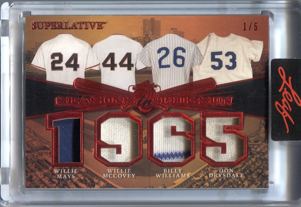 2023 Willie Mays Willie McCovey Billy WIlliams Don Drysdale Leaf  Superlative RED SEASONS IN THE SUN QUAD JERSEY 1/5 RELIC #STS-6 Giants Cubs  Dodgers