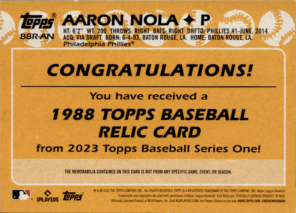 Aaron Nola player worn jersey patch baseball card (Philadelphia