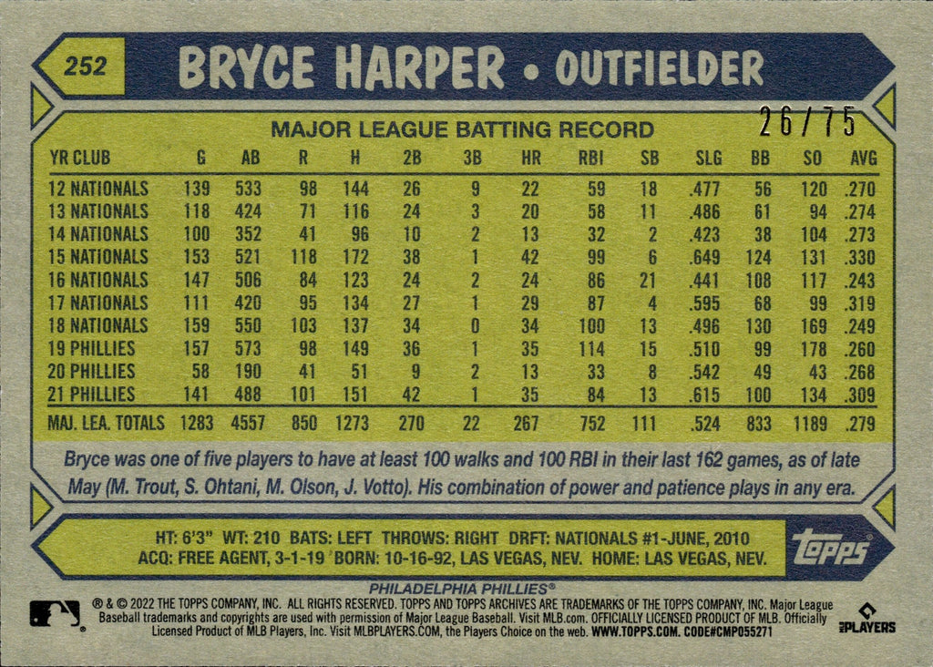 2022 Topps Archives Bryce Harper Philadelphia Phillies #252