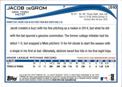 2014 Topps Update Jacob DeGrom #US50 Rookie Card New York Mets RC