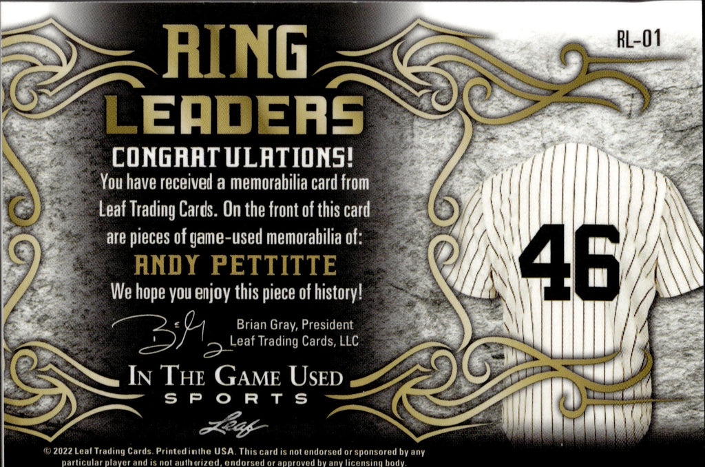 2022 Andy Pettitte Leaf In the Game Used BLACK RING LEADERS DUAL JERSE