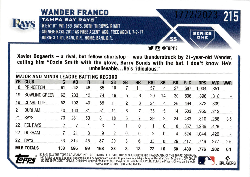 WANDER FRANCO RC 2023 Topps Series 1 MLB FUTURE STARS Card #215