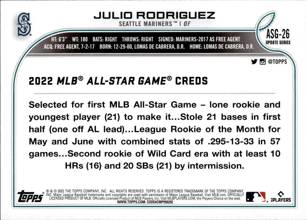 Julio Rodriguez Seattle Mariners 2022 Topps Update All-Star Game # ASG-26  Rookie Card