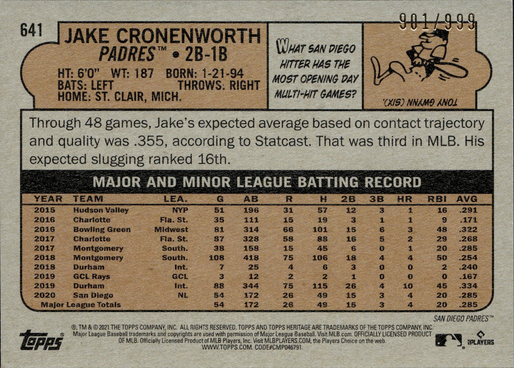 Jake Cronenworth 2021 Topps Heritage 2020 All-Star Rookie #641 RC SD Padres  