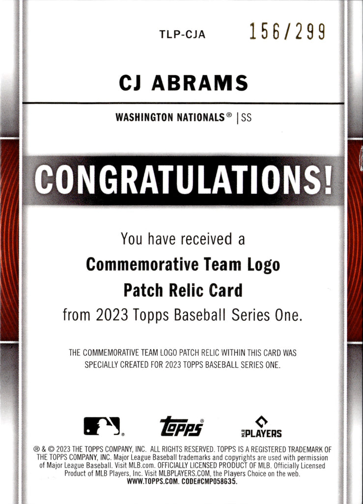 2023 CJ Abrams Topps Series 1 COMMEMORATIVE TEAM LOGO PATCH 156/299 #T