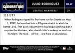 2022 Julio Rodriguez Topps ROOKIE BLACK GENERATION NOW 113/299 RC #GN62 Seattle Mariners