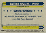 2022 Patrick Mazeika Topps ROOKIE 1987 DESIGN AUTO AUTOGRAPH RC #87BA-PM New York Mets