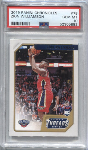 2019-20 Zion Williamson Panini Chronicles Threads ROOKIE RC PSA 10 #78 New Orleans Pelicans 5882