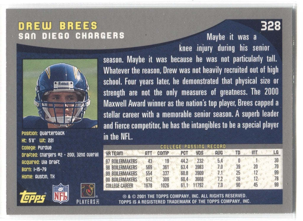 Drew Brees San Diego Chargers 2001 Topps Rookie #328 Card - PSA 10